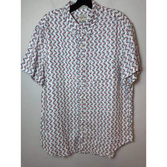 J. Crew 100% Linen Classic Shirt Short Sleeve Button Down Birds Resort Mens L - Picture 7 of 10
